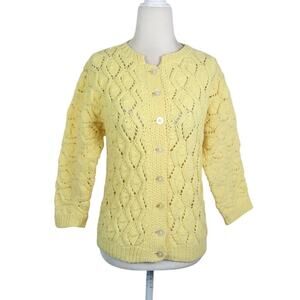 Vintage 80s Yellow Pointelle Diamond Knit Cardigan Sweater S